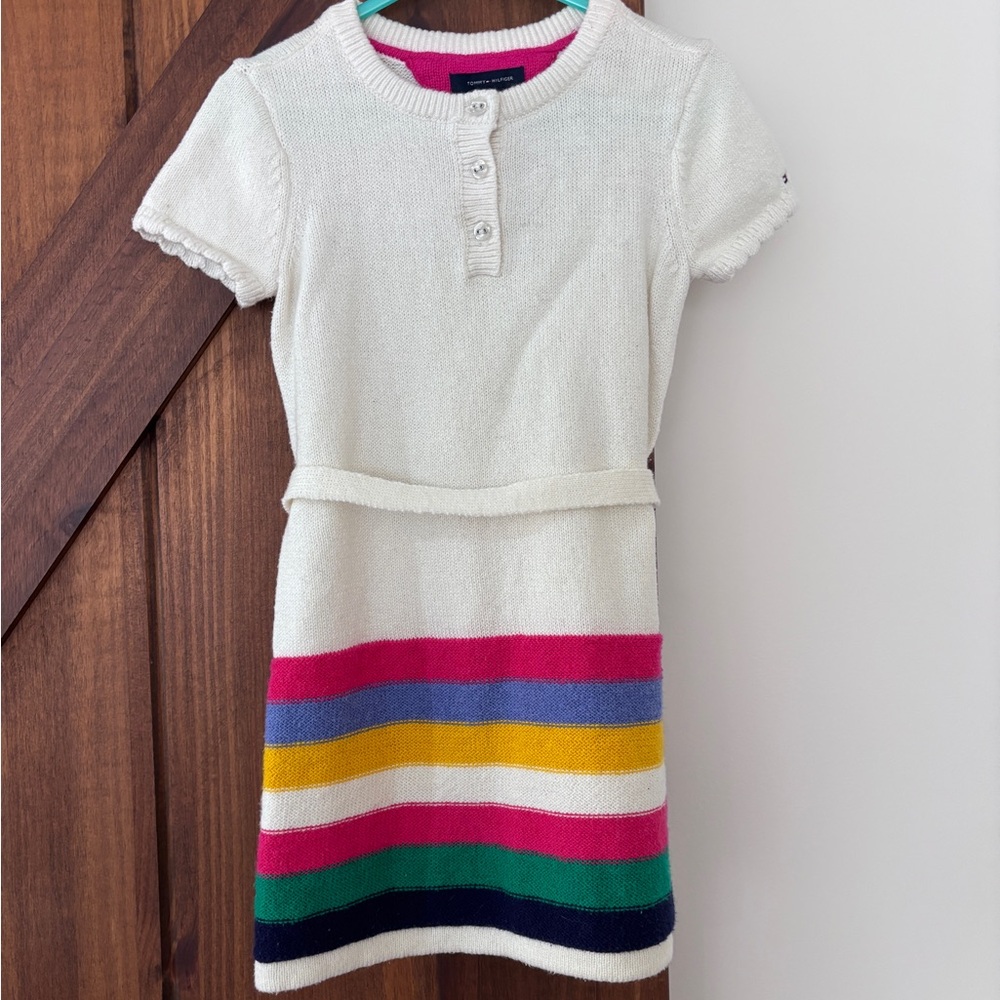 Tommy Hilfiger White Knit Kids Dress with Pink, Blue, Yellow & Green Stripes